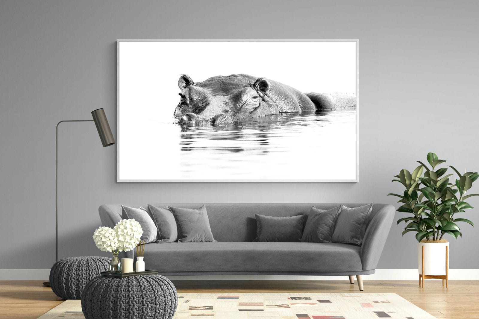 River Hippo-Wall_Art-220 x 130cm-Mounted Canvas-White-Pixalot