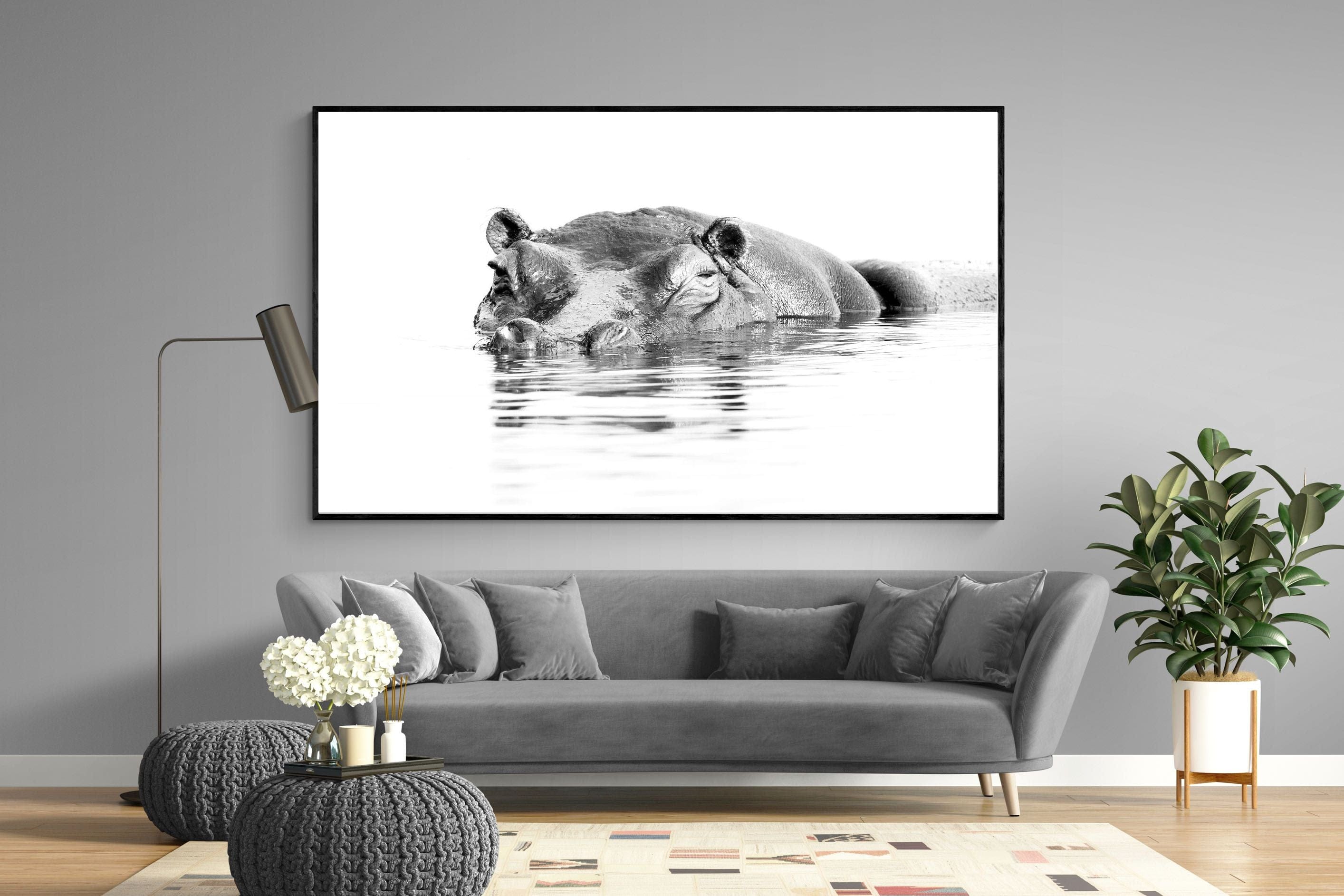 River Hippo-Wall_Art-220 x 130cm-Mounted Canvas-Black-Pixalot