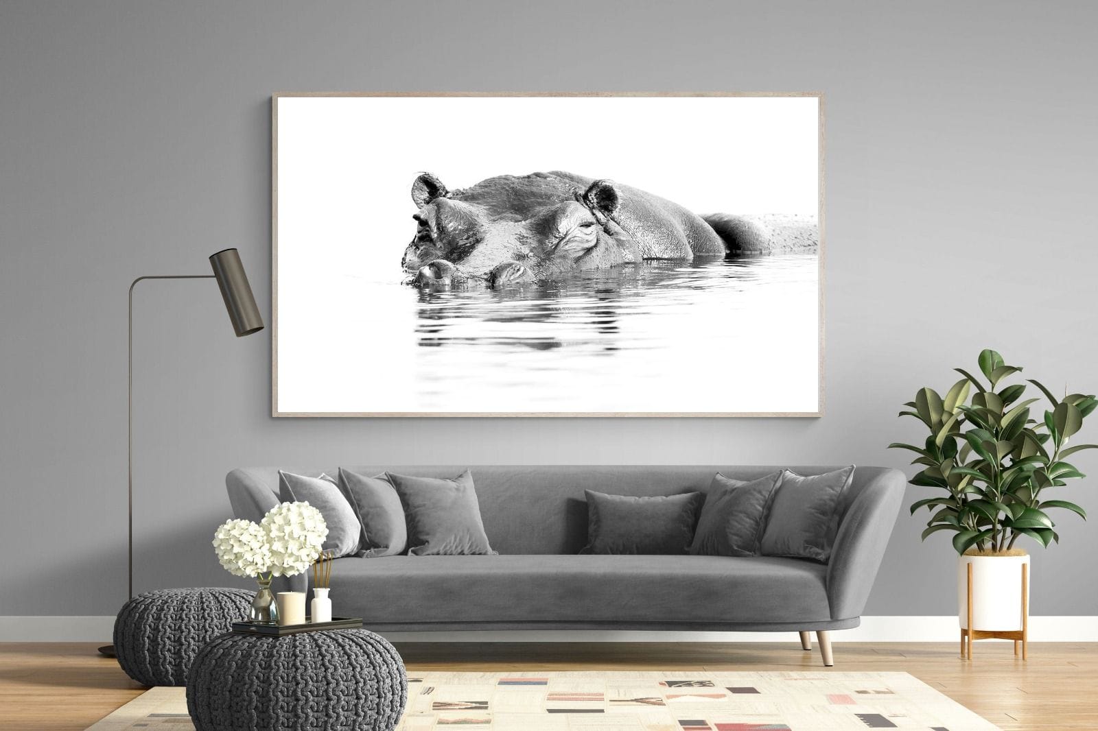 River Hippo-Wall_Art-220 x 130cm-Mounted Canvas-Wood-Pixalot