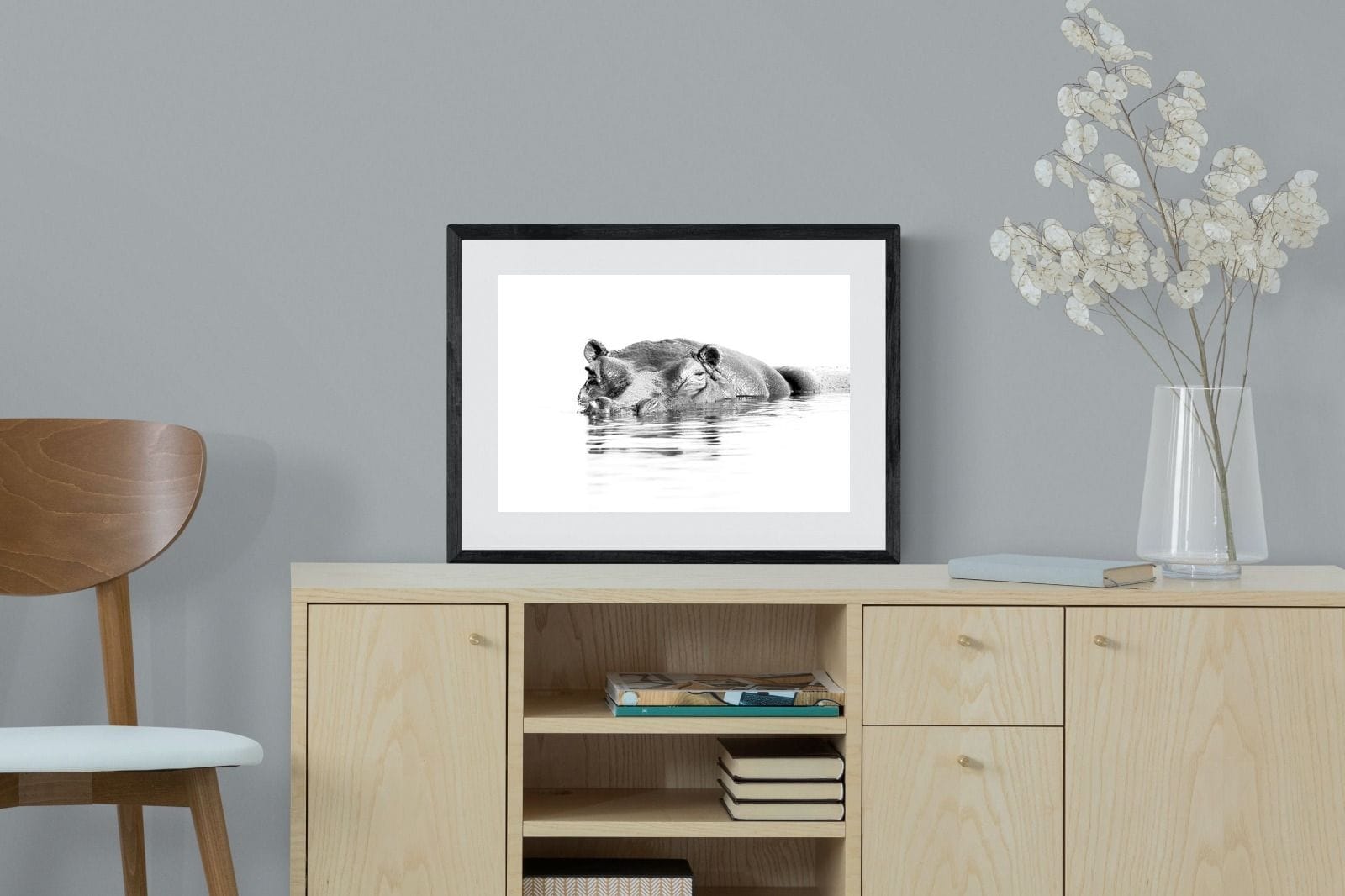 River Hippo-Wall_Art-60 x 45cm-Framed Print-Black-Pixalot