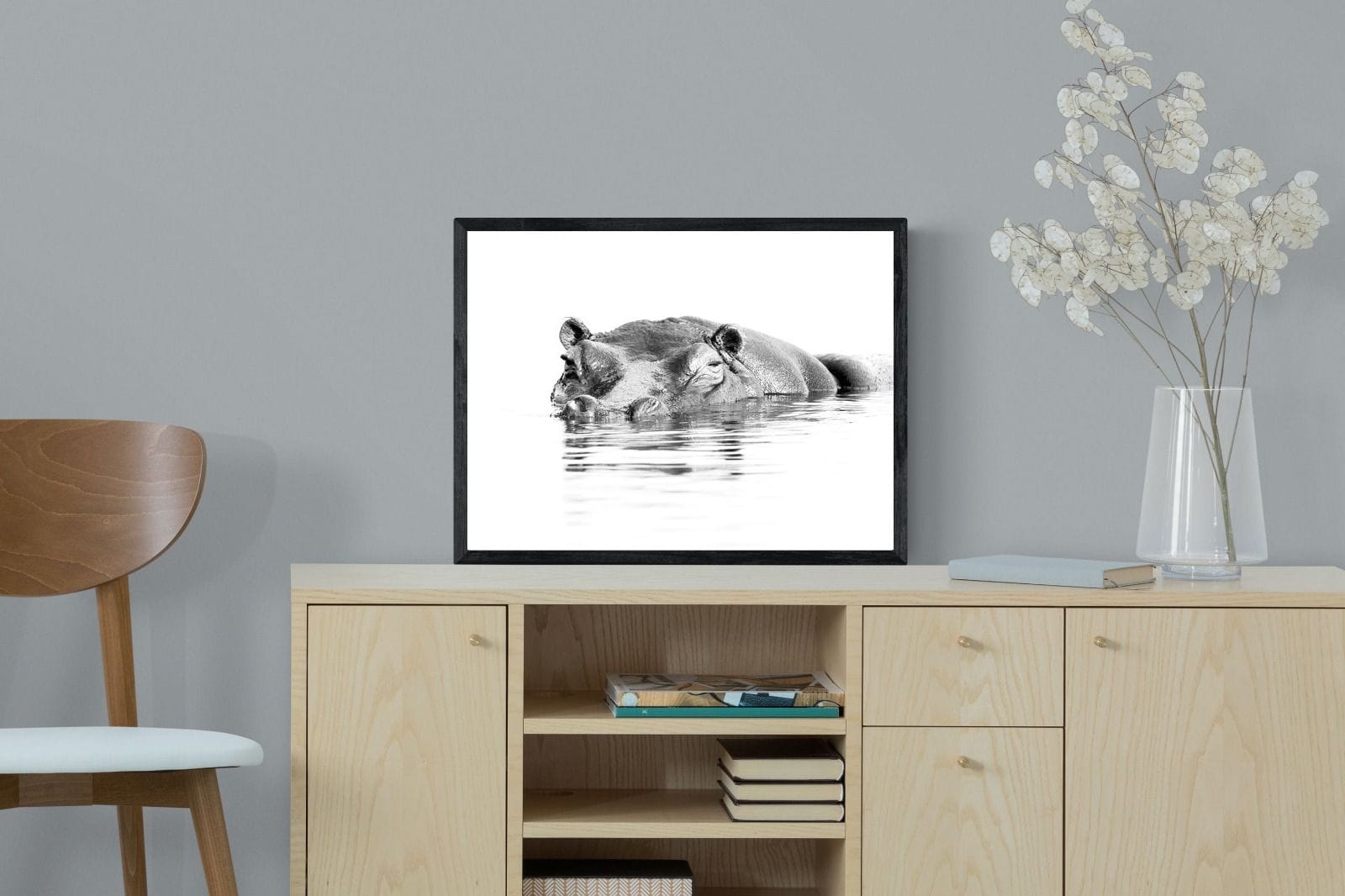 River Hippo-Wall_Art-60 x 45cm-Mounted Canvas-Black-Pixalot