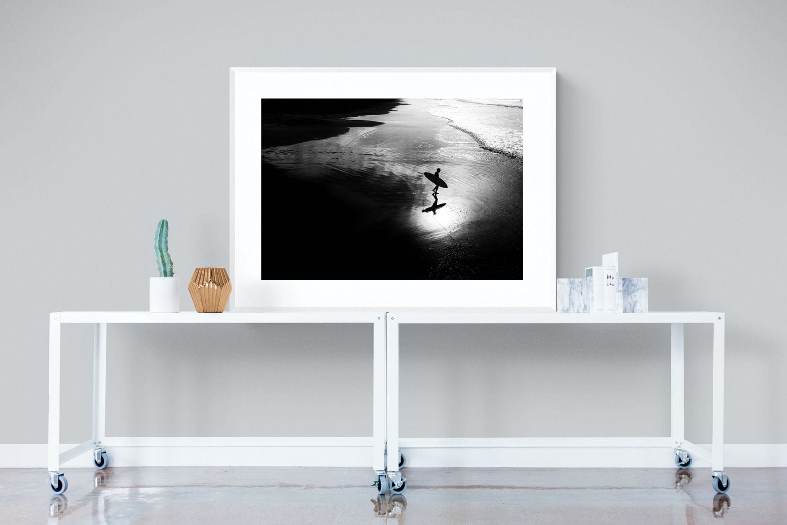 Silhouetted Surfer-Wall_Art-120 x 90cm-Framed Print-White-Pixalot