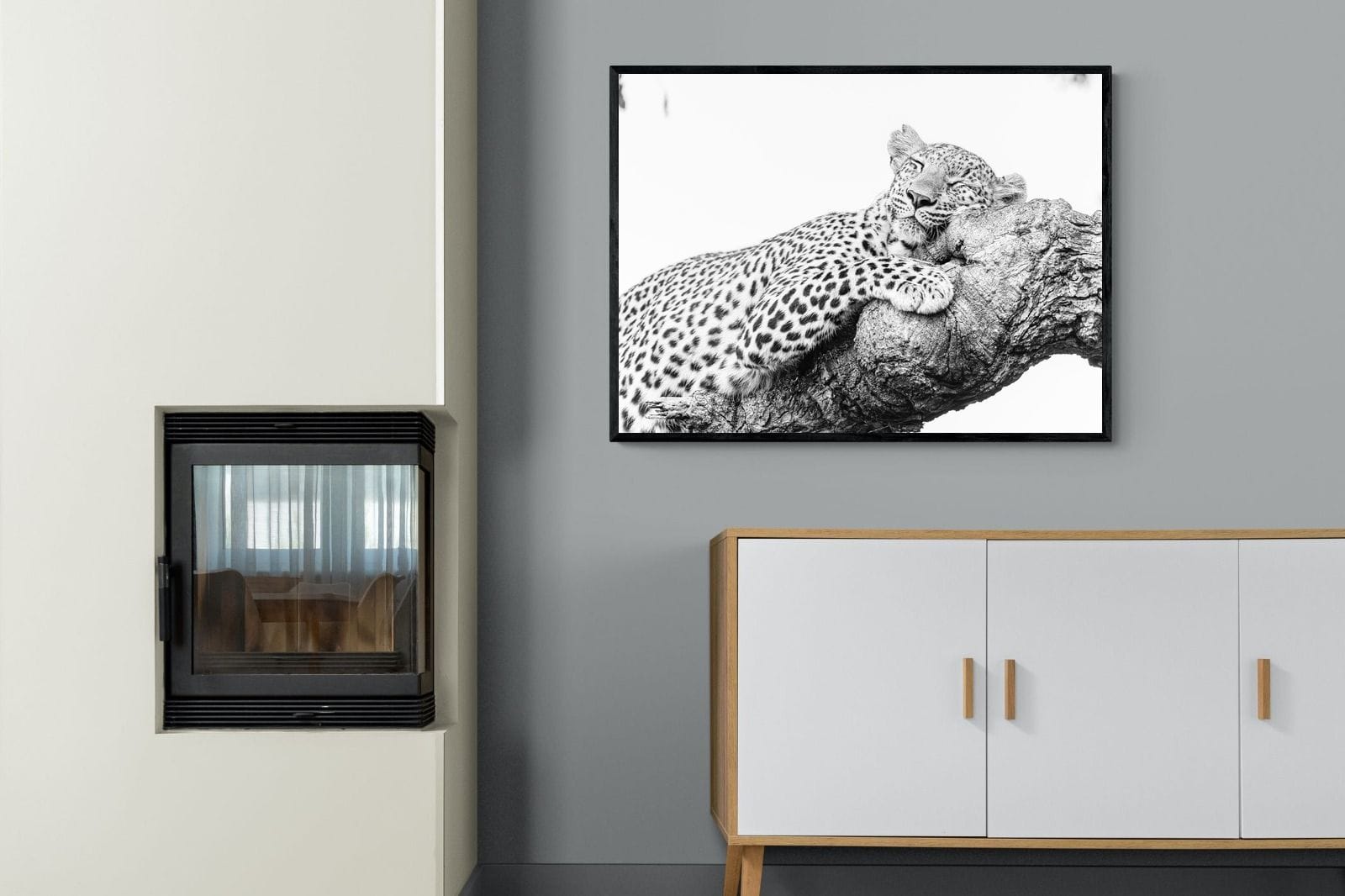 Sleeping Leopard-Wall_Art-100 x 75cm-Mounted Canvas-Black-Pixalot