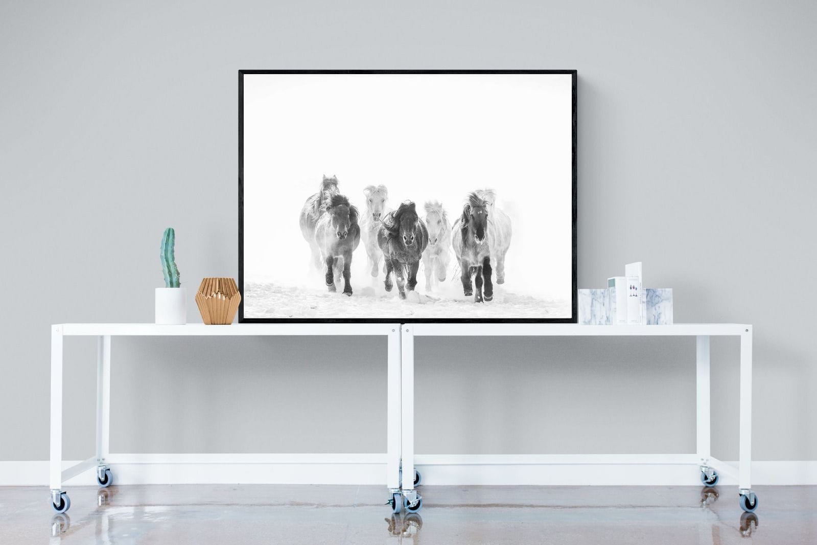 Snowy Gallop-Wall_Art-120 x 90cm-Mounted Canvas-Black-Pixalot
