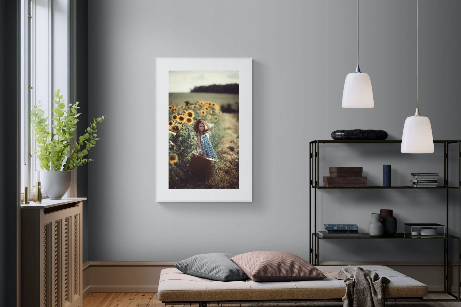 Sunflower Girl-Wall_Art-100 x 150cm-Framed Print-White-Pixalot