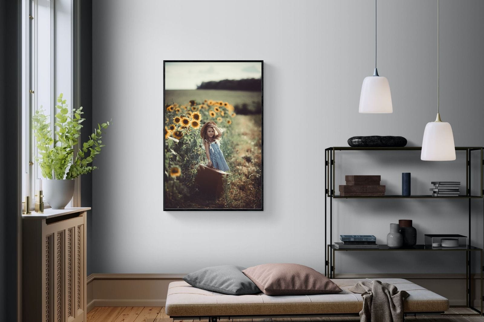 Sunflower Girl-Wall_Art-100 x 150cm-Mounted Canvas-Black-Pixalot