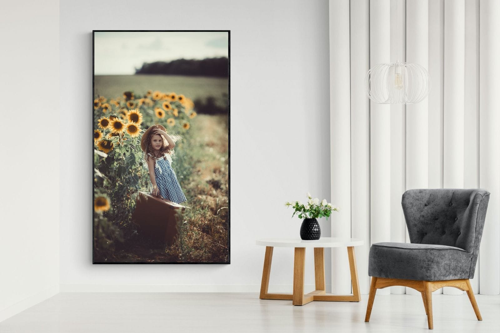 Sunflower Girl-Wall_Art-130 x 220cm-Mounted Canvas-Black-Pixalot
