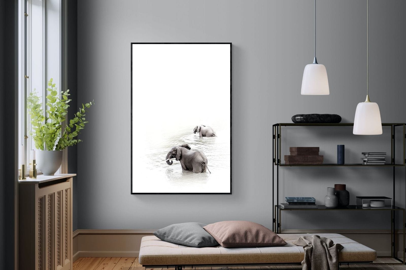 Swimming Elephants-Wall_Art-120 x 180cm-Mounted Canvas-Black-Pixalot