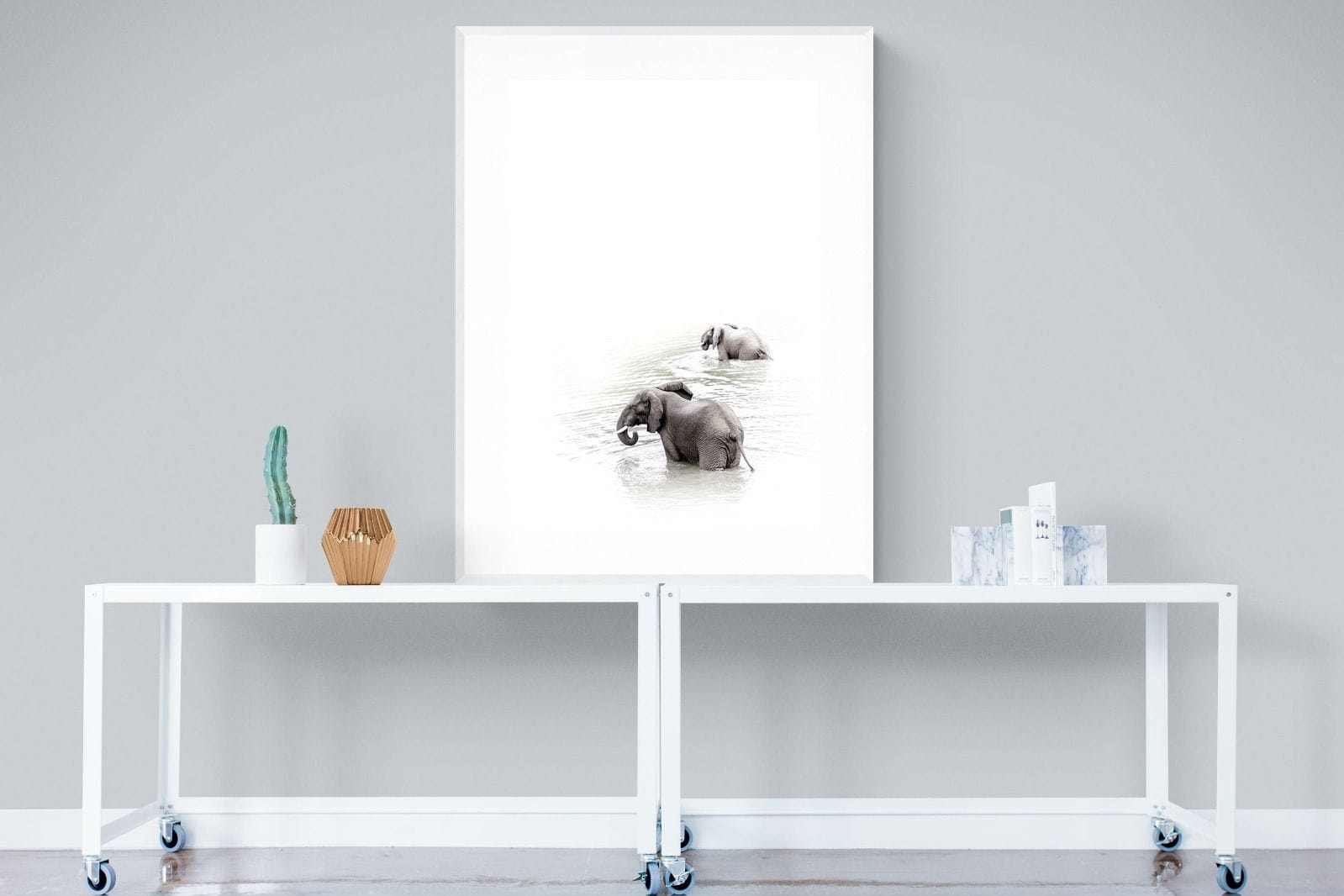 Swimming Elephants-Wall_Art-90 x 120cm-Framed Print-White-Pixalot