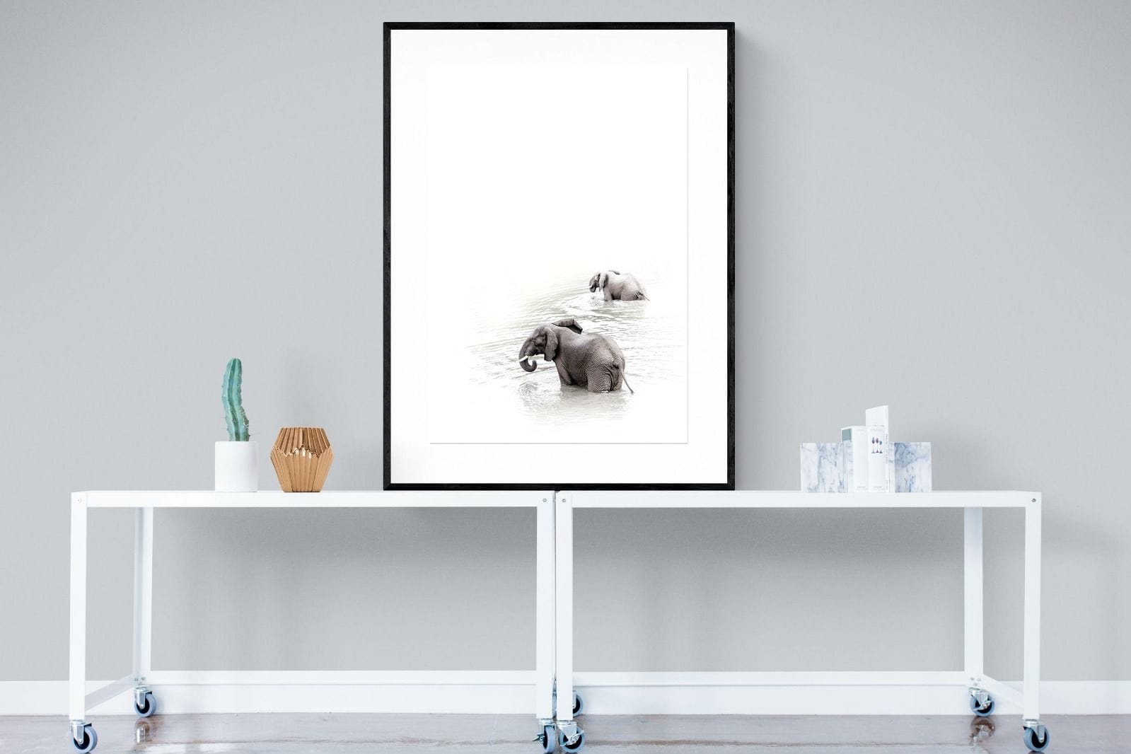 Swimming Elephants-Wall_Art-90 x 120cm-Framed Print-Black-Pixalot