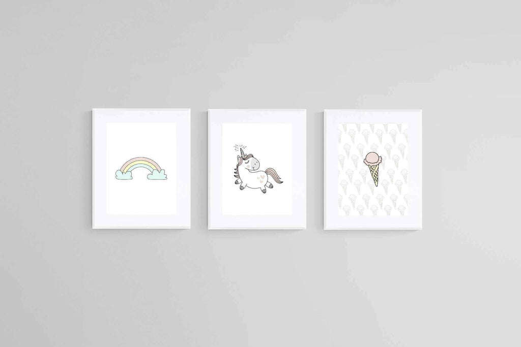 Unicorn & Rainbow Set-Wall_Art-45 x 60cm (x3)-Framed Print-White-Pixalot