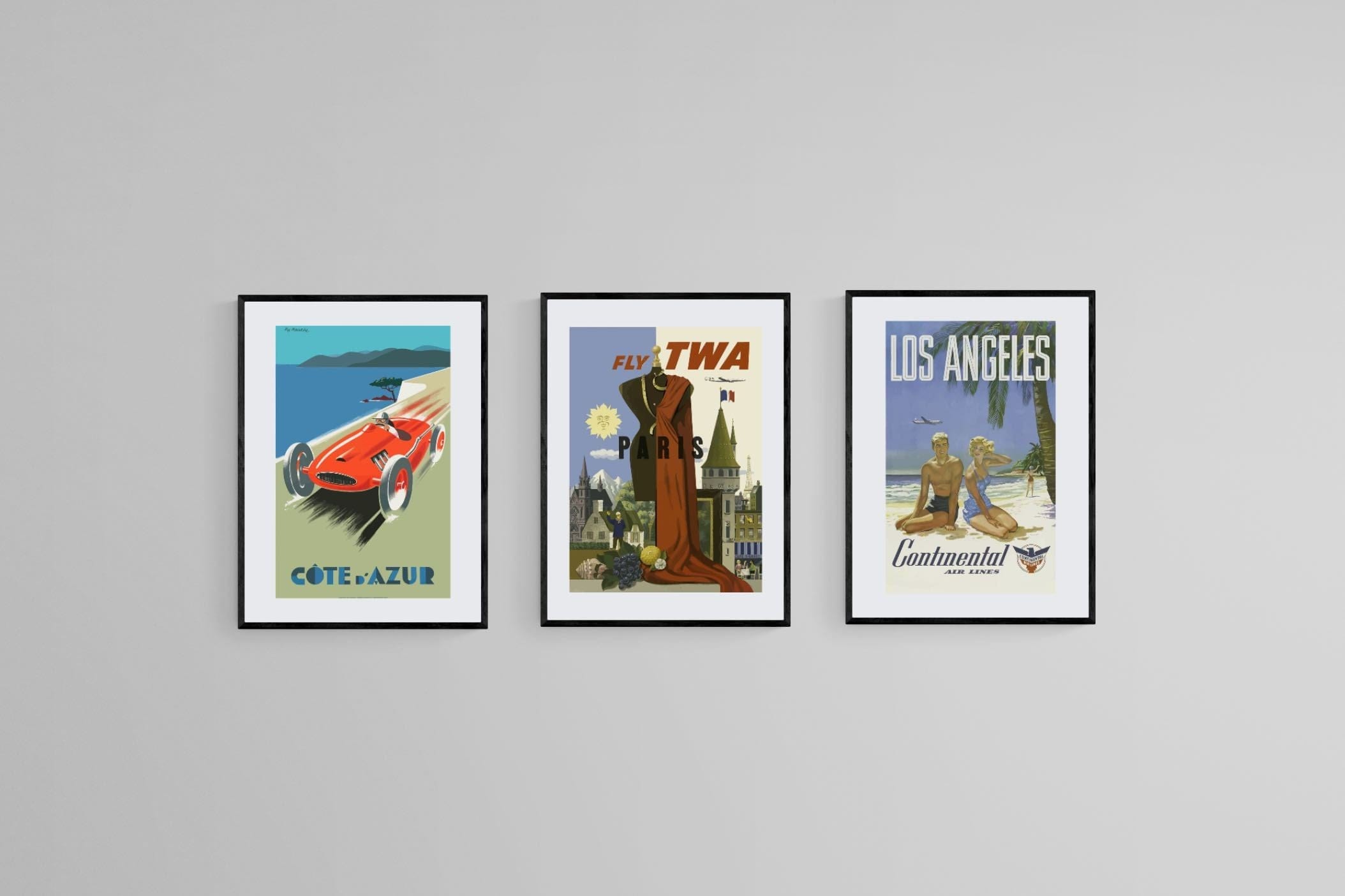 Vintage Travel Posters Set-Wall_Art-45 x 60cm (x3)-Mounted Canvas-Black-Pixalot