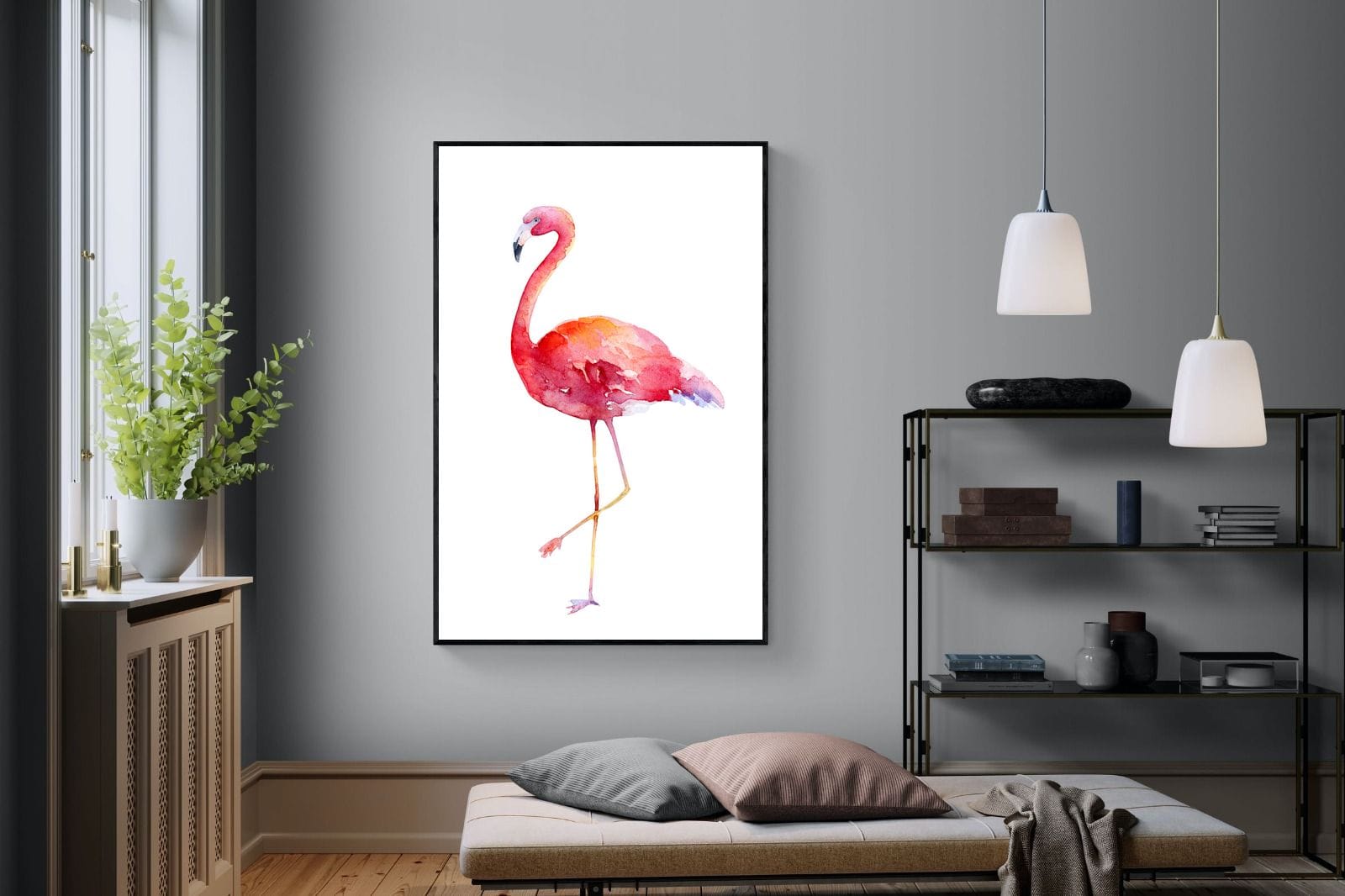 Watercolour Flamingo #2-Wall_Art-120 x 180cm-Mounted Canvas-Black-Pixalot
