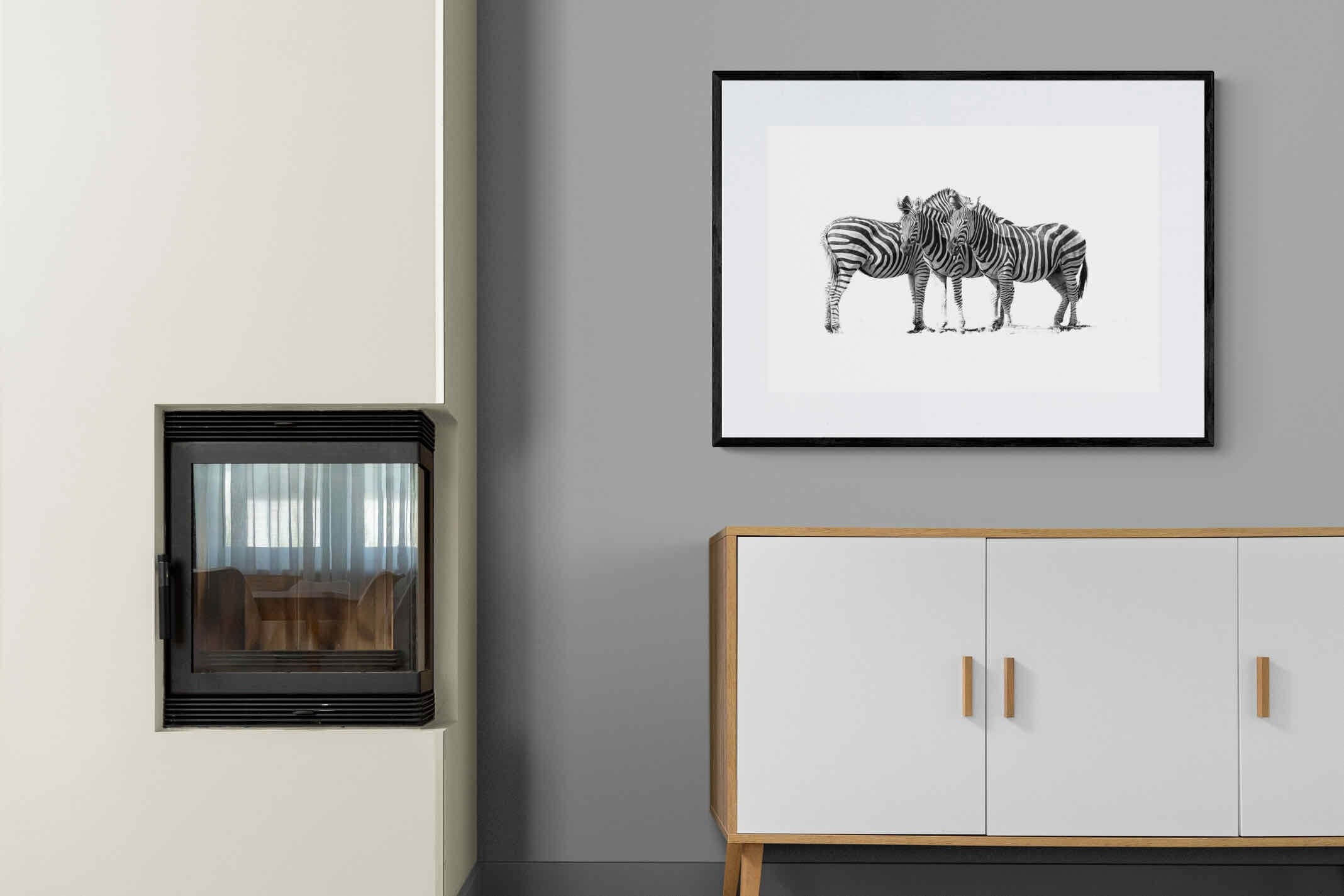 Zebra Trio-Wall_Art-100 x 75cm-Framed Print-Black-Pixalot