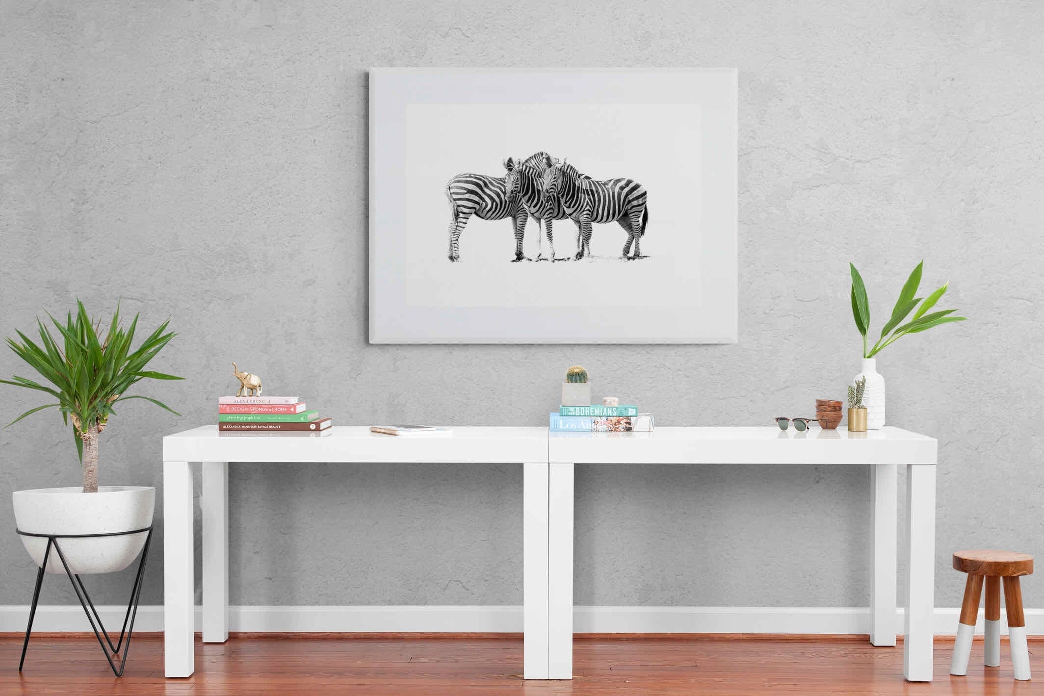 Zebra Trio-Wall_Art-120 x 90cm-Framed Print-White-Pixalot