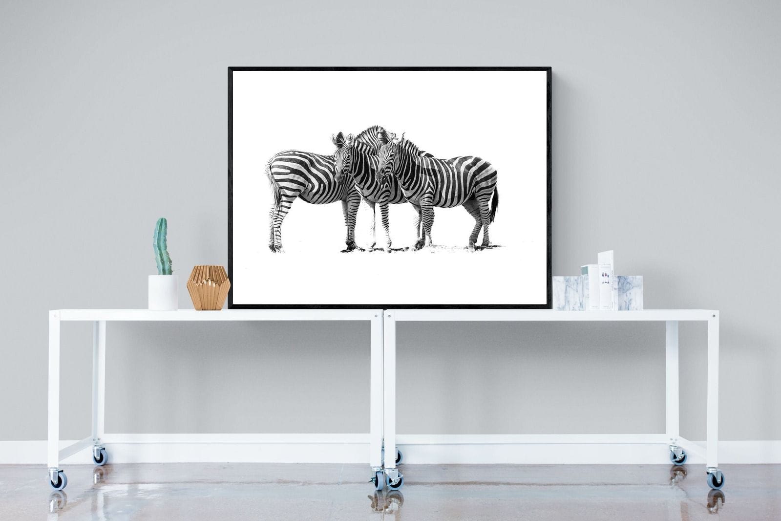 Zebra Trio-Wall_Art-120 x 90cm-Mounted Canvas-Black-Pixalot
