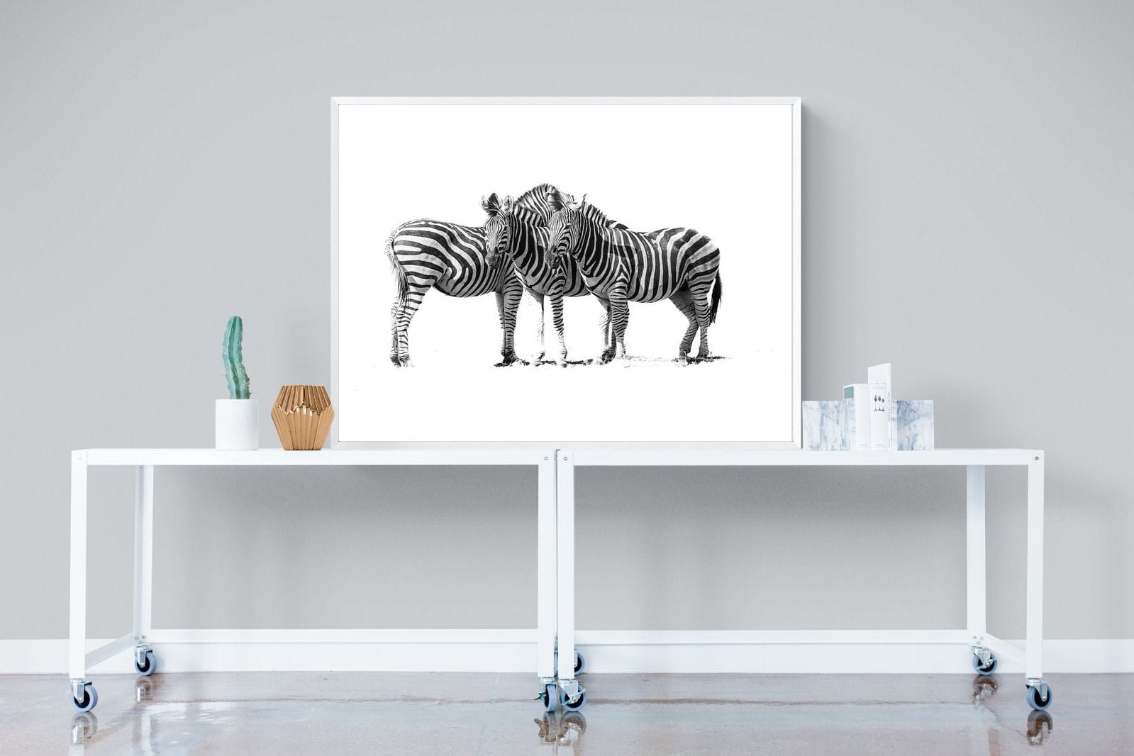 Zebra Trio-Wall_Art-120 x 90cm-Mounted Canvas-White-Pixalot