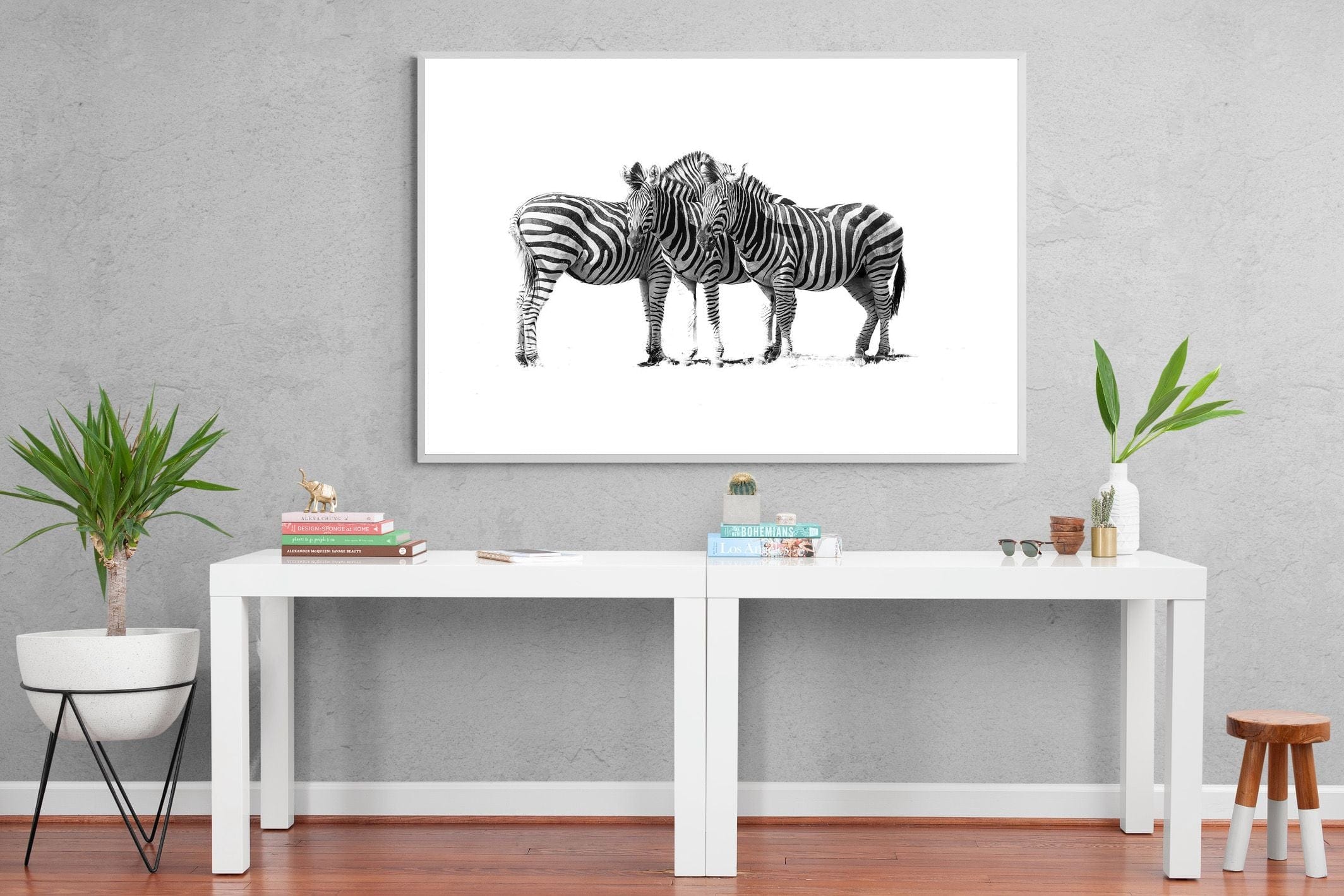 Zebra Trio-Wall_Art-150 x 100cm-Mounted Canvas-White-Pixalot