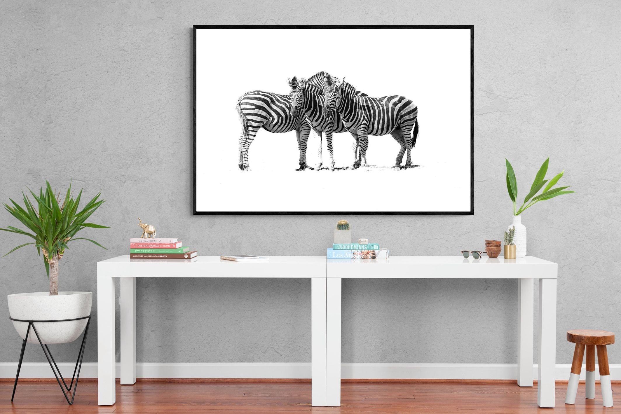 Zebra Trio-Wall_Art-150 x 100cm-Mounted Canvas-Black-Pixalot